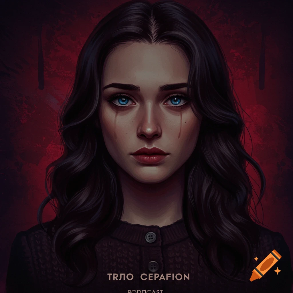 Digital painting portrait of a woman with dark hair and blue eyes, with dark tears on her cheeks, against a red background.