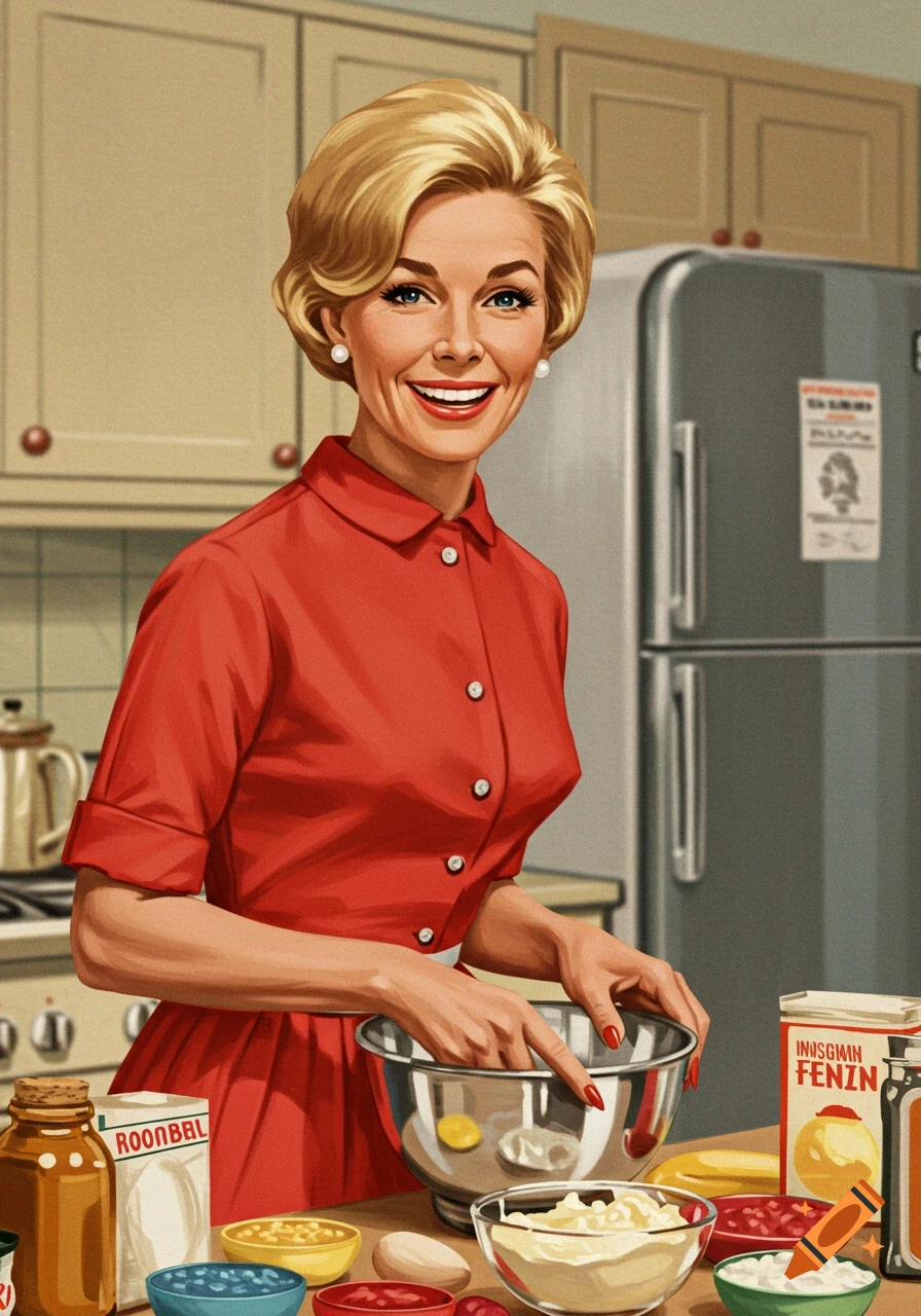 A woman in a red dress mixing ingredients in a kitchen, in a 1960s illustration style.