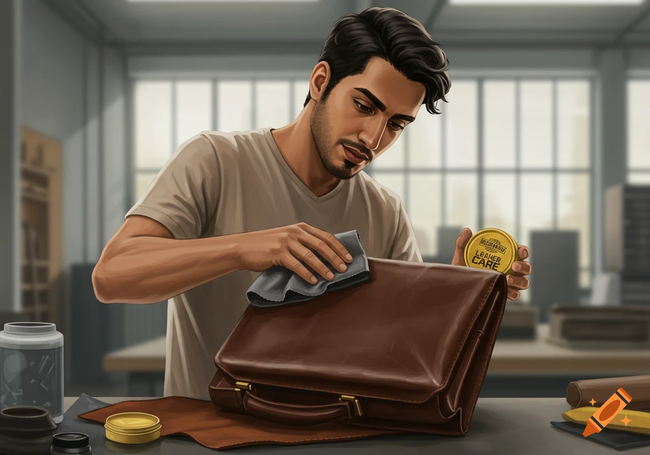A man cleans a leather briefcase with a cloth and polish.