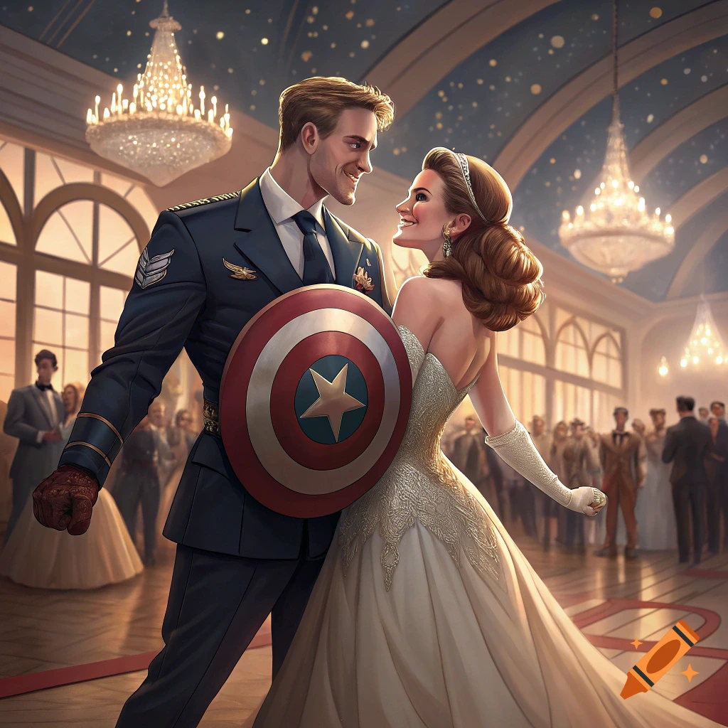 Captain America in uniform holding his shield dances with Peggy Carter in a wedding dress in a grand ballroom.