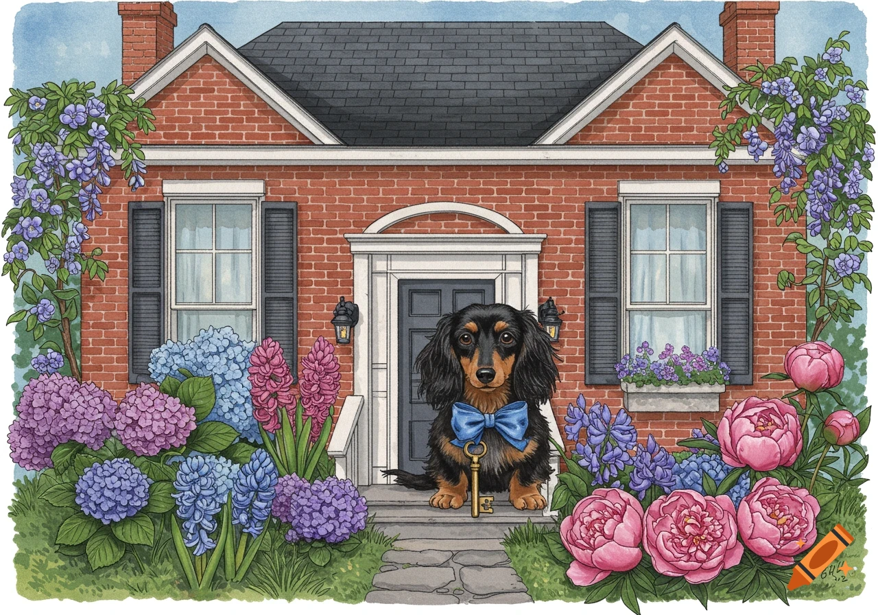 Illustration of a longhaired dachshund with a blue bow and key on the steps of a brick house surrounded by flowers.