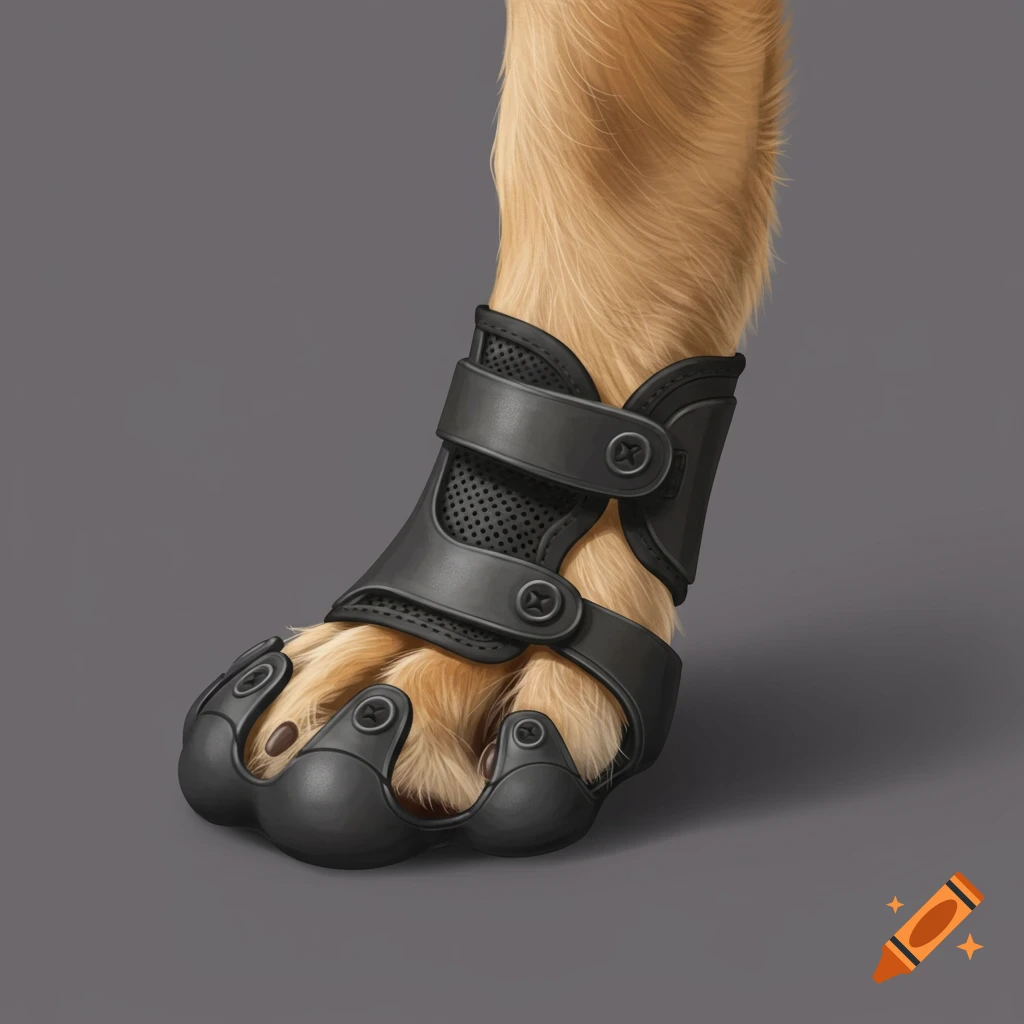 Dog's paw wearing a black protective shoe