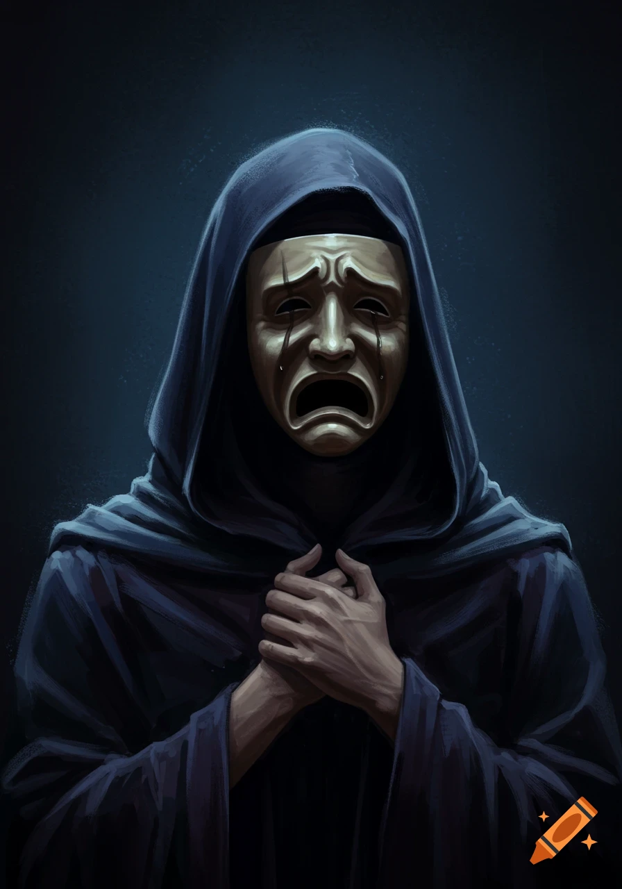 A dark cloaked figure holds hands together while wearing a crying tragedy mask.