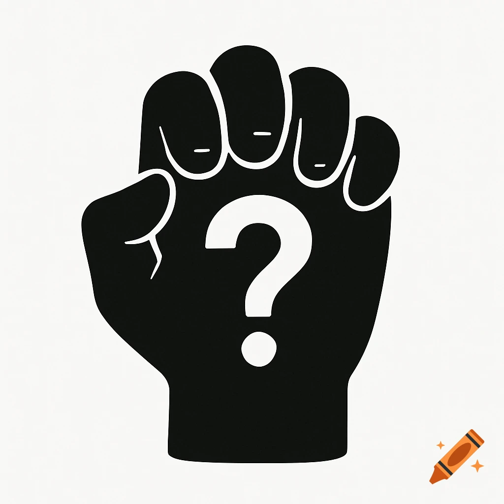 Black hand holding a white question mark, simple illustration