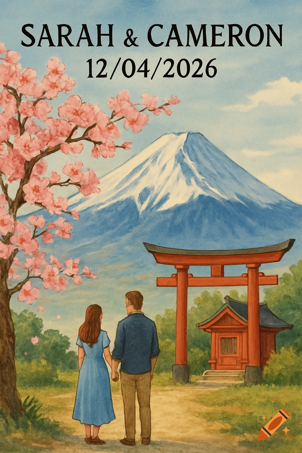A couple views a Japanese landscape with Mt. Fuji, a cherry blossom tree, and a shrine through a torii gate, with names and a date, in a watercolor style.