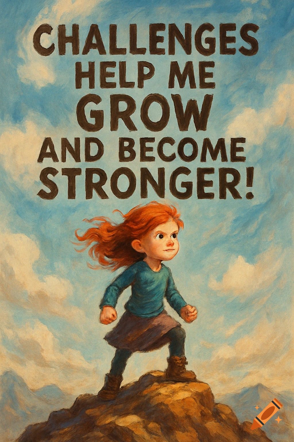 Illustration of a determined girl on a rock with text 'Challenges help me grow and become stronger!'