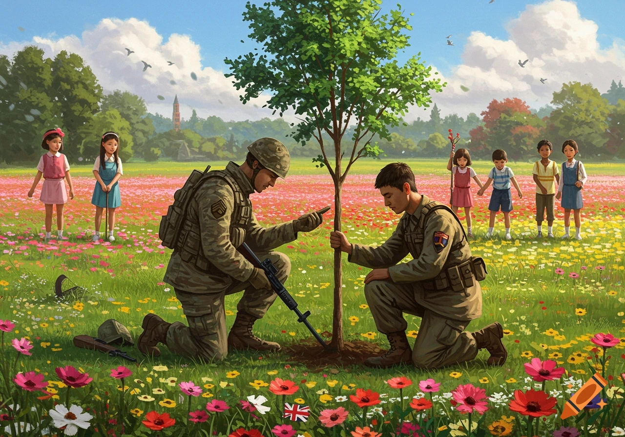 Soldiers plant a tree in a field of flowers watched by children. Stylized illustration.