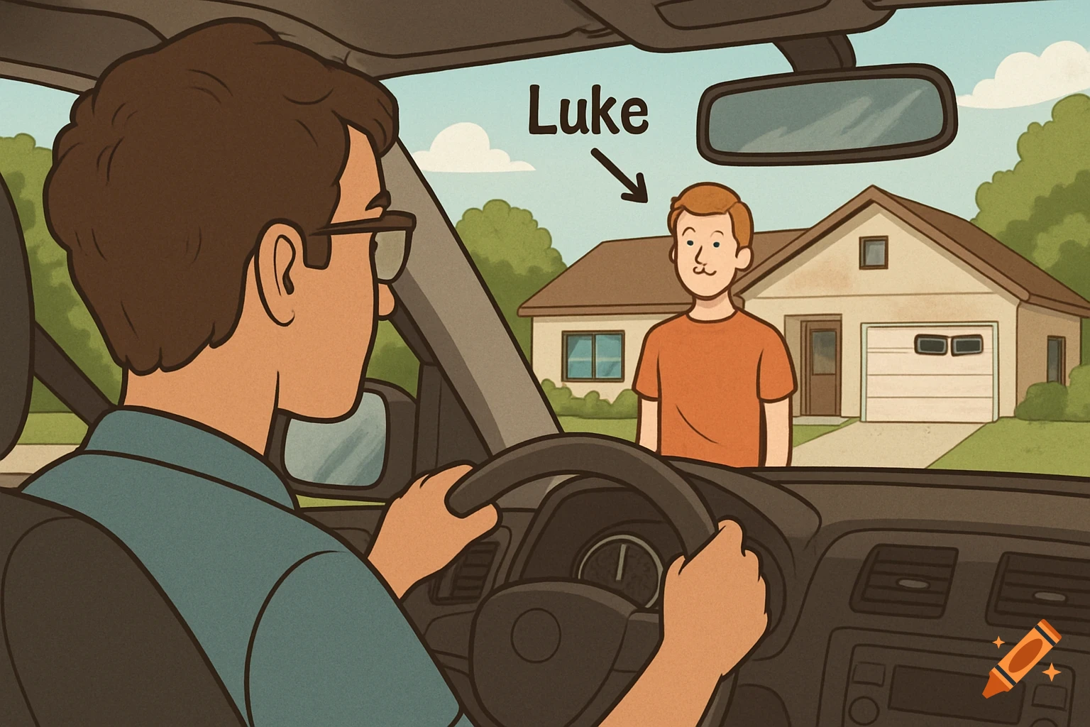 Cartoon illustration of a person driving a car, looking at a person labeled "Luke" standing in front of a house.