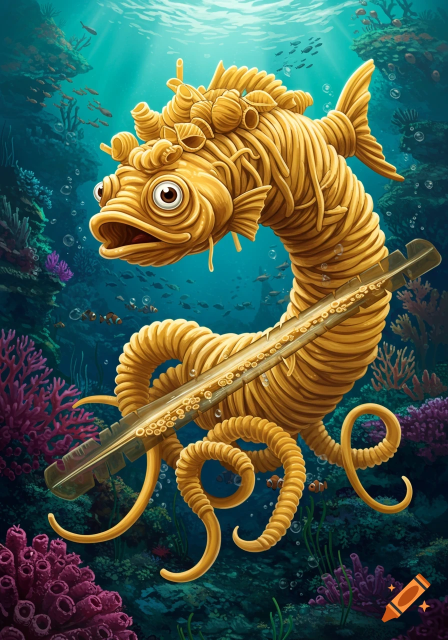 Spaghetti fish monster with octopus tentacles holding a pasta knife in a colorful coral reef