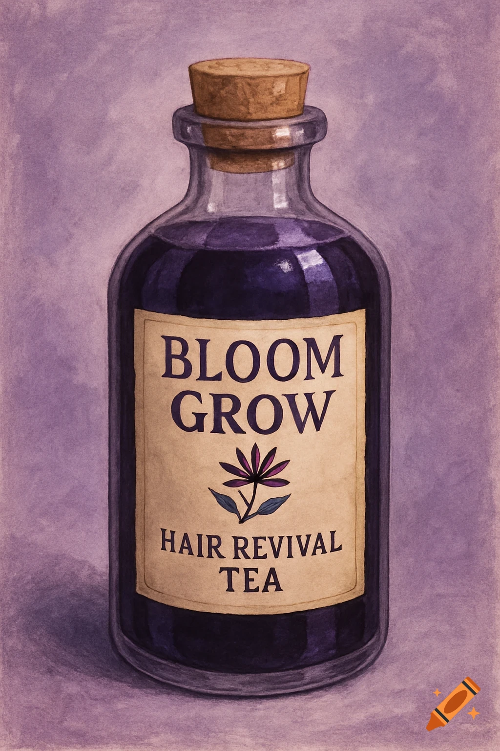 Watercolor illustration of a purple bottle with a cork stopper, labeled "BLOOM GROW HAIR REVIVAL TEA".