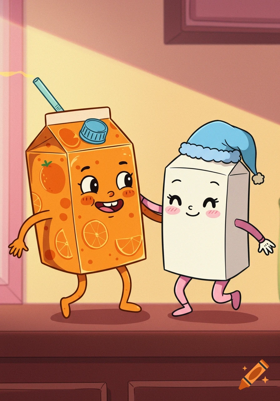 Cartoon orange juice carton dancing with milk carton wearing a sleep cap