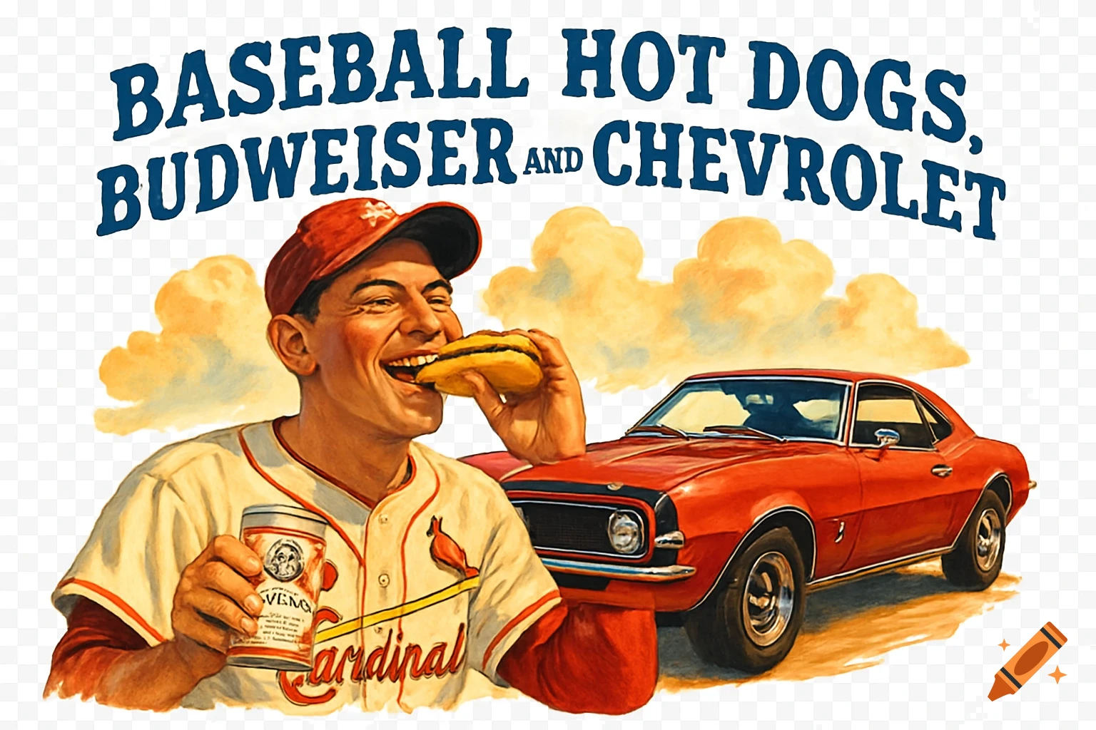 Vintage illustration of baseball player eating hot dog, holding beer next to a red Camaro, with text "Baseball Hot Dogs, Budweiser and Chevrolet".