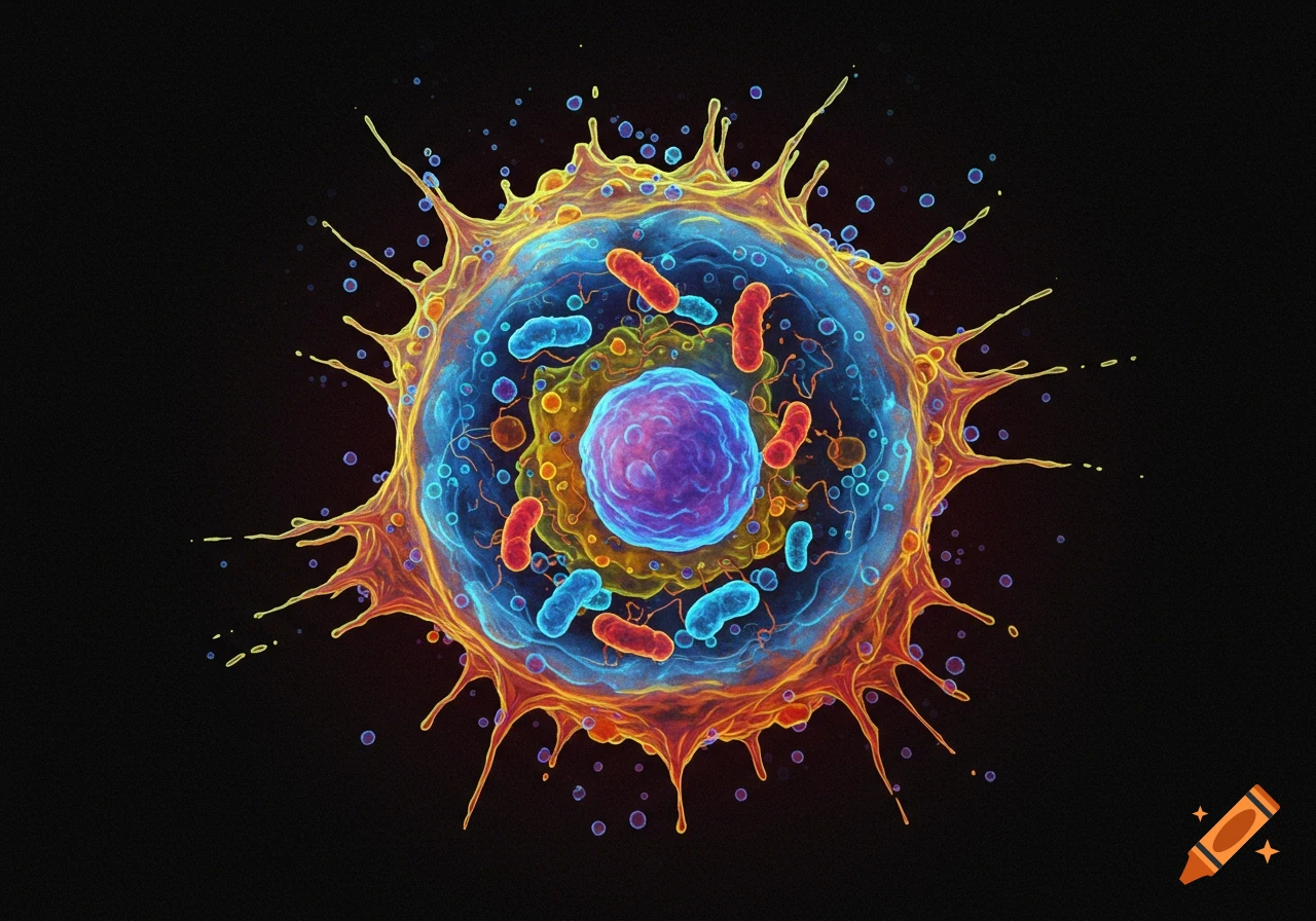 Vibrant microscopic illustration of a cell with internal components on a black background