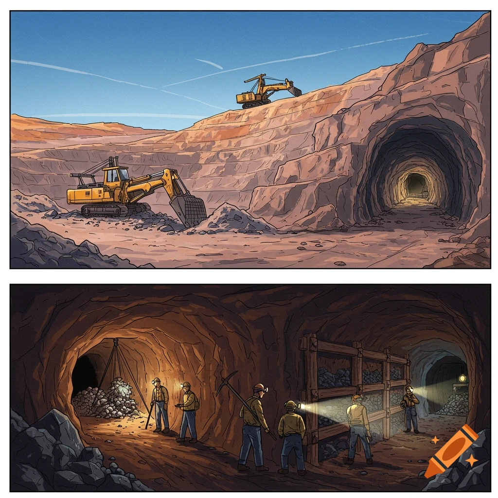 Drawing of a mining operation with excavators above ground and miners underground.