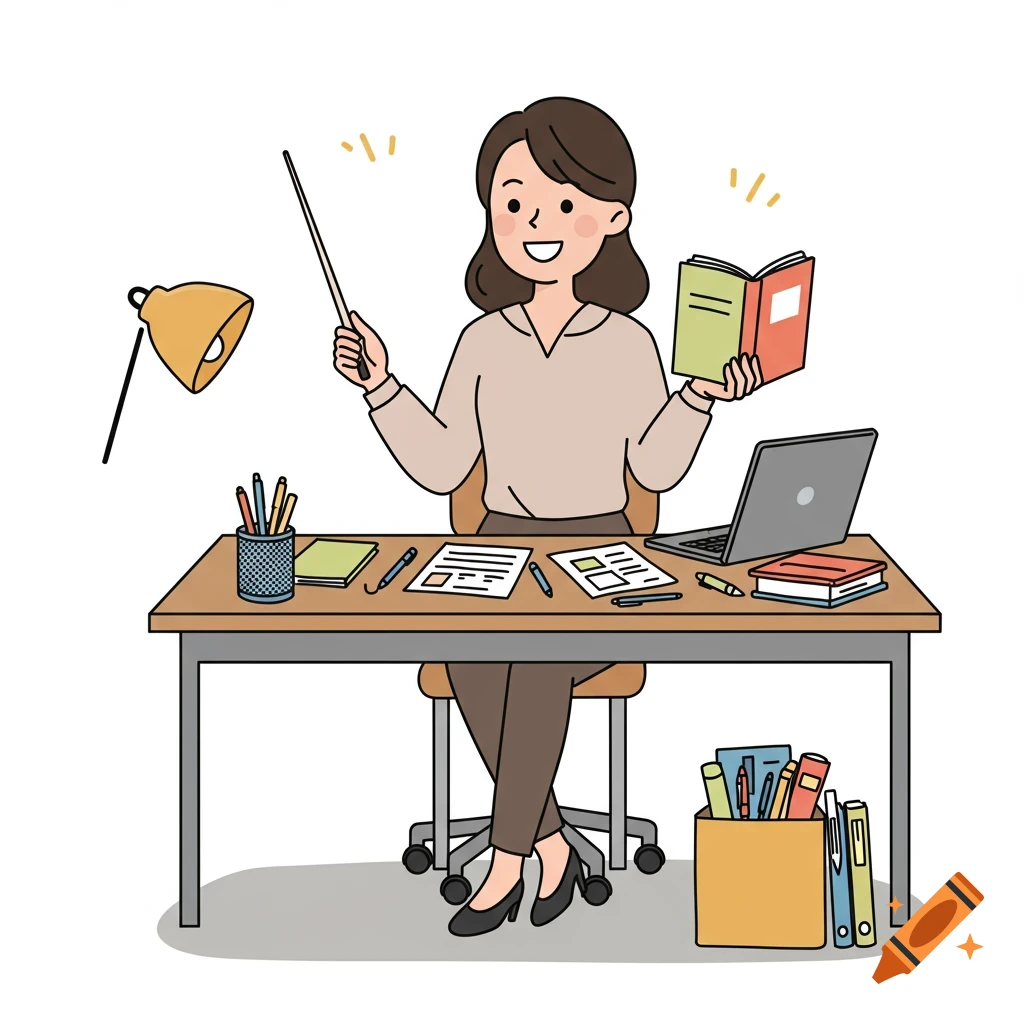 A cartoon-style woman teacher sits at a desk with books, papers, a laptop, and holds a pointer and an open book.