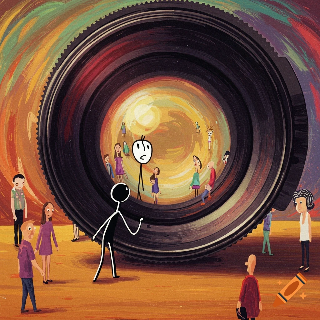 A stick figure and others look at a giant camera lens showing distorted ...
