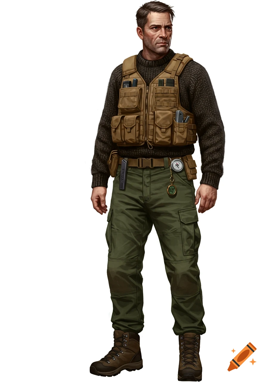 Illustration of a man wearing tactical gear and a sweater
