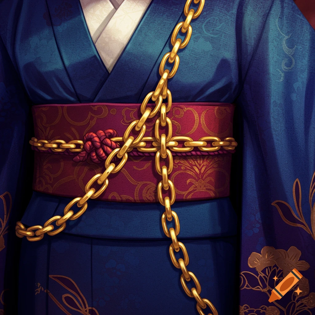Close-up of blue kimono, red obi with gold pattern, and large gold chain.