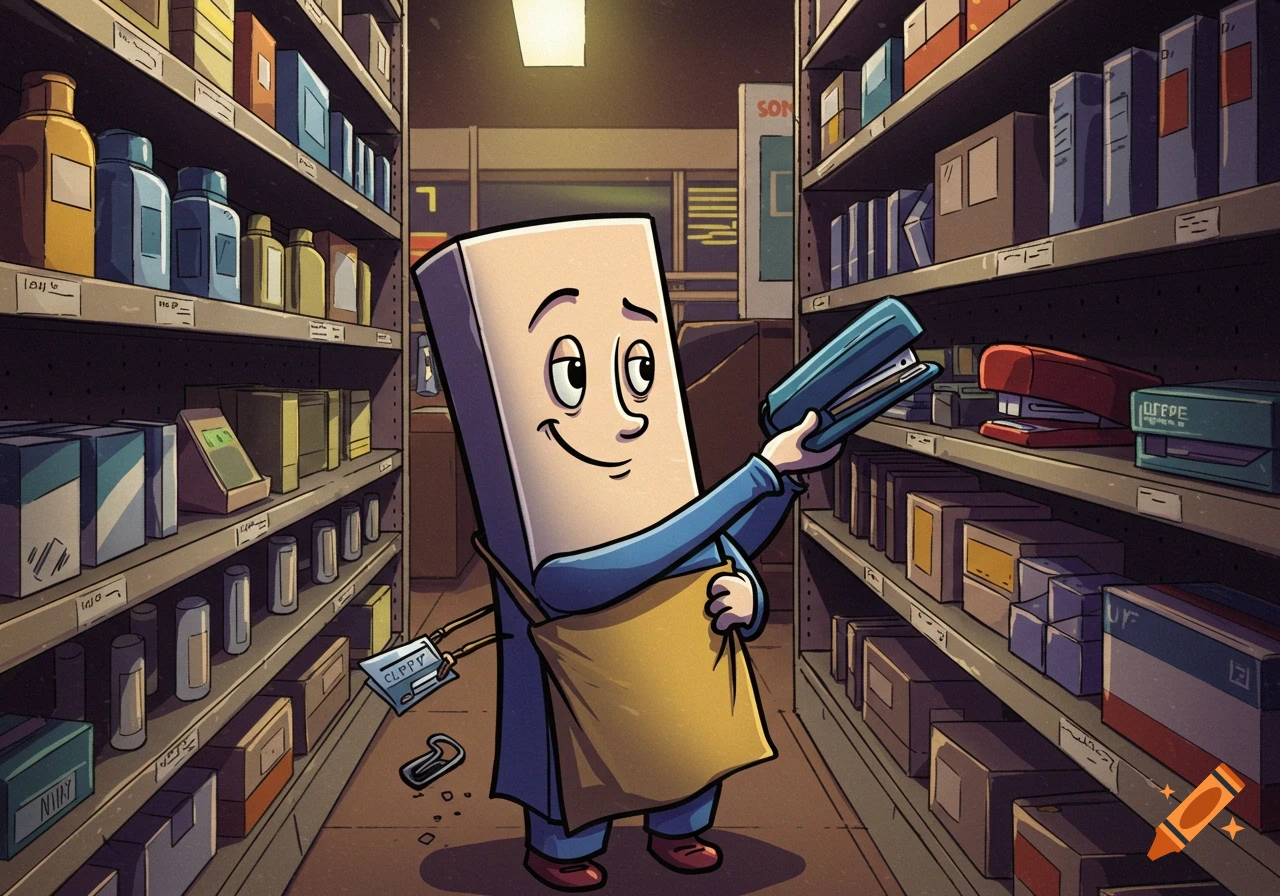 Cartoon of Clippy in a store aisle holding a stapler, comic art style