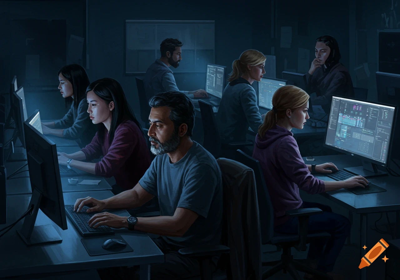 People working on computers in a dark office with code on screens.