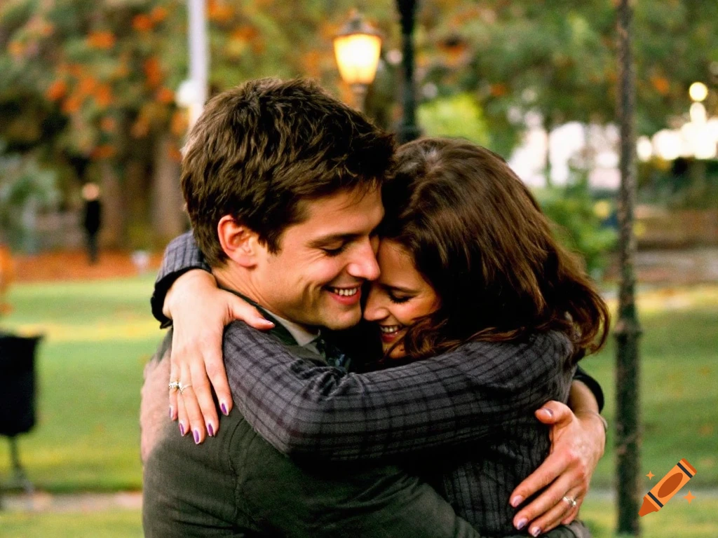 A couple hugs outdoors in a park