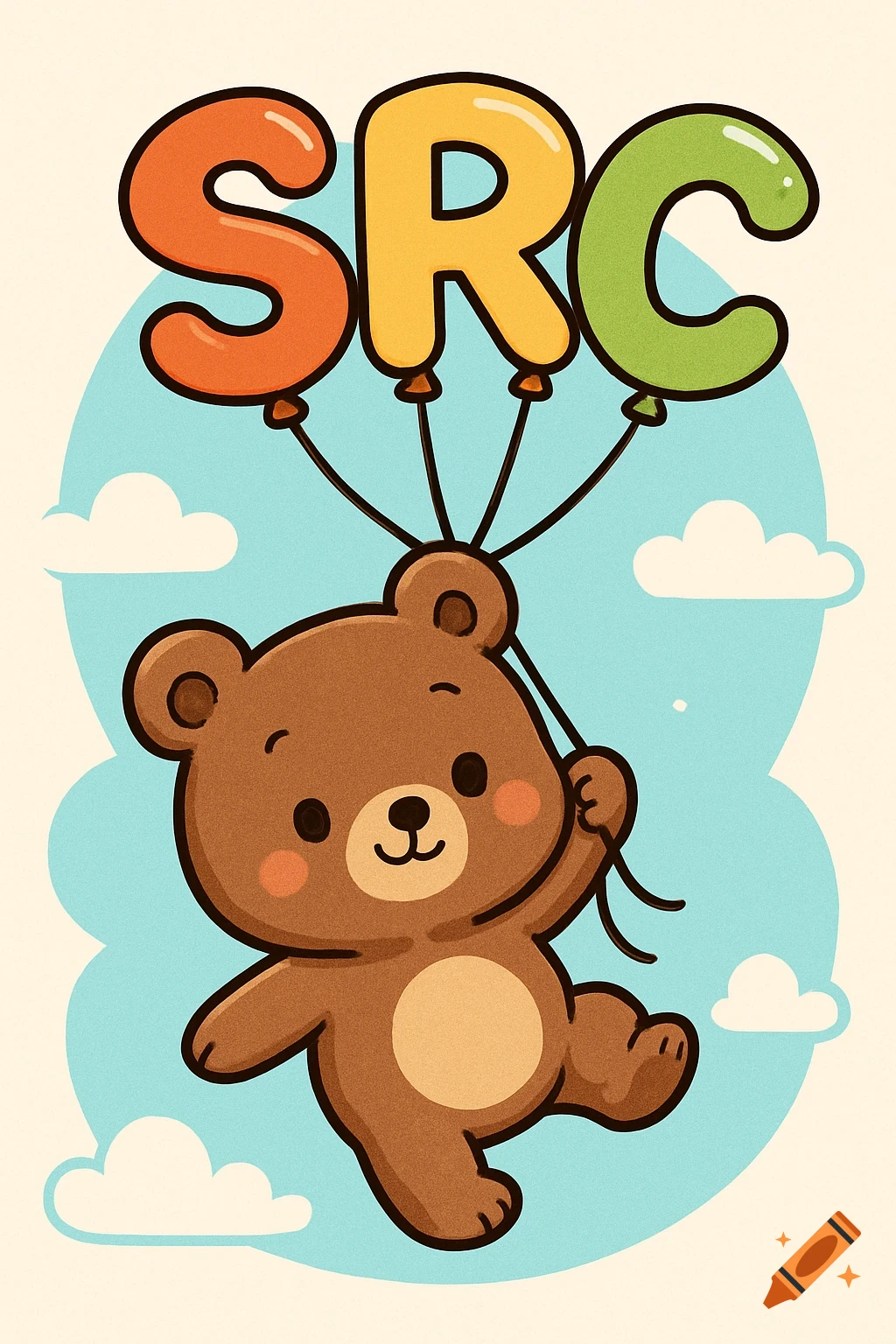 Cartoon bear holding balloons that spell SRC in a blue sky.