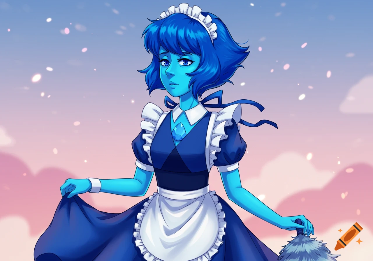 Lapis Lazuli from Steven Universe in a maid dress holding a duster.