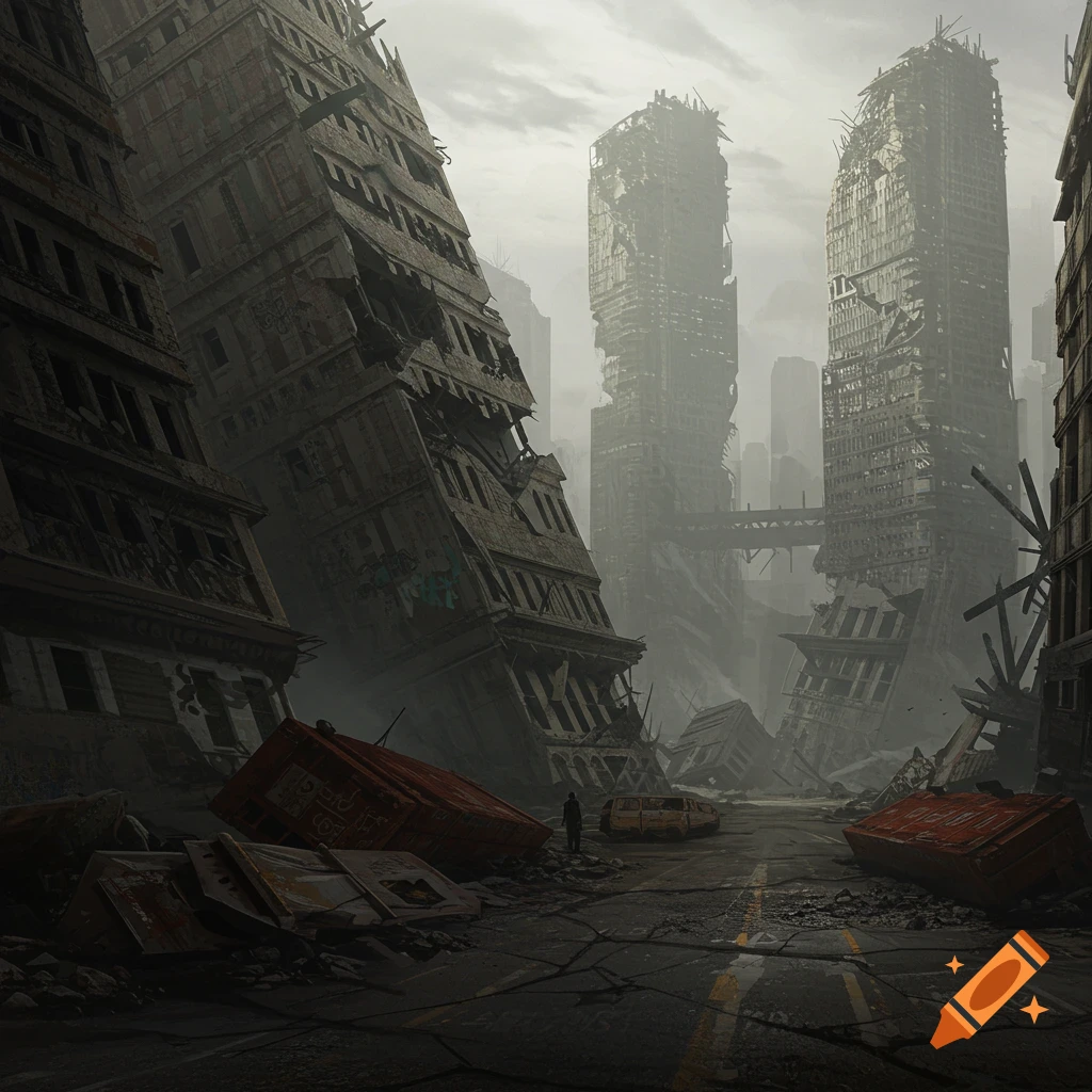 Digital painting of a ruined city with leaning skyscrapers and rubble