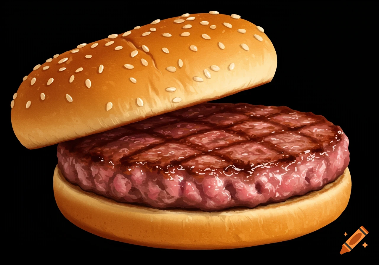 Close-up of a hamburger patty between two sesame seed buns on a black background.