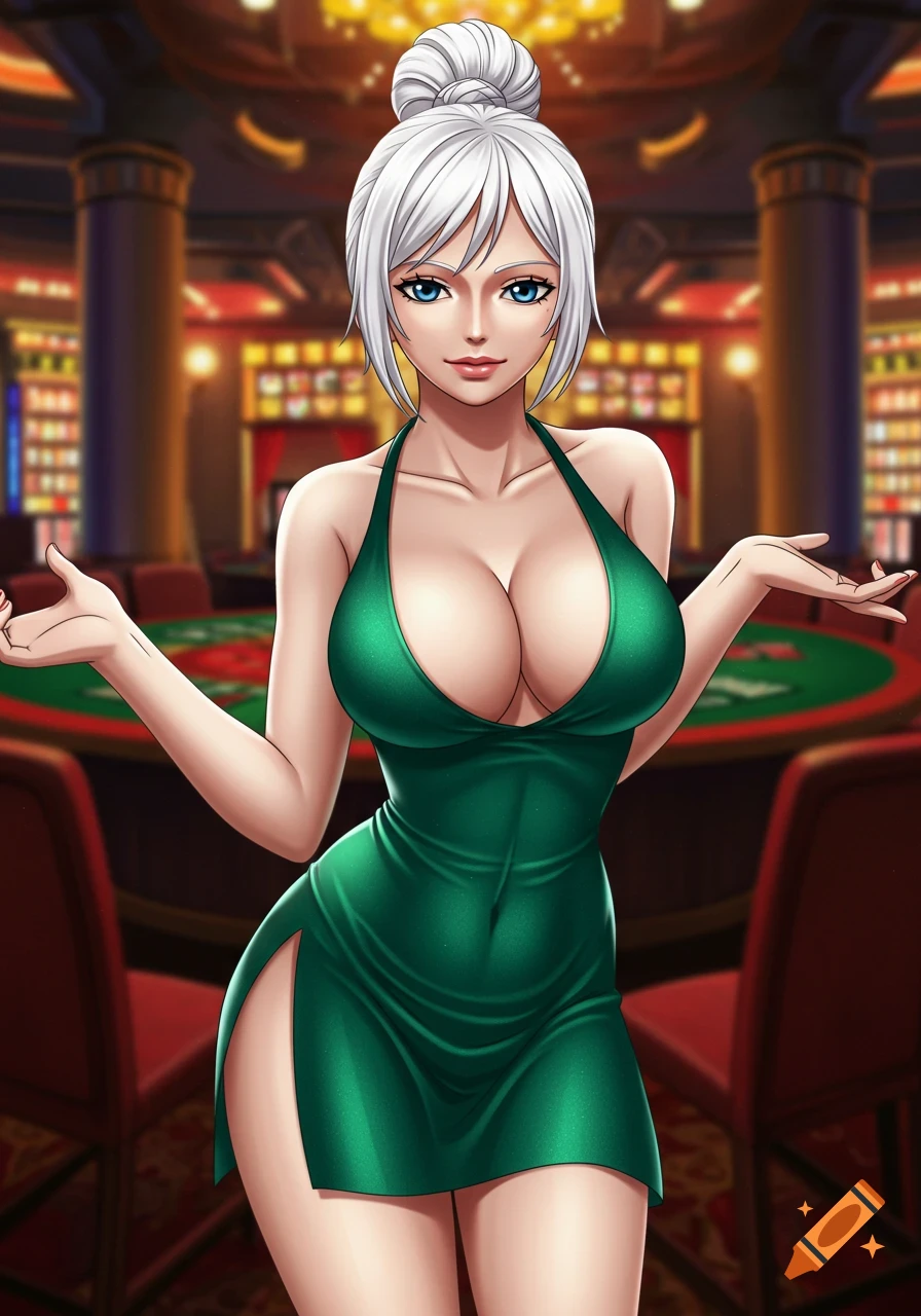 Anime woman in a green dress at a casino table.