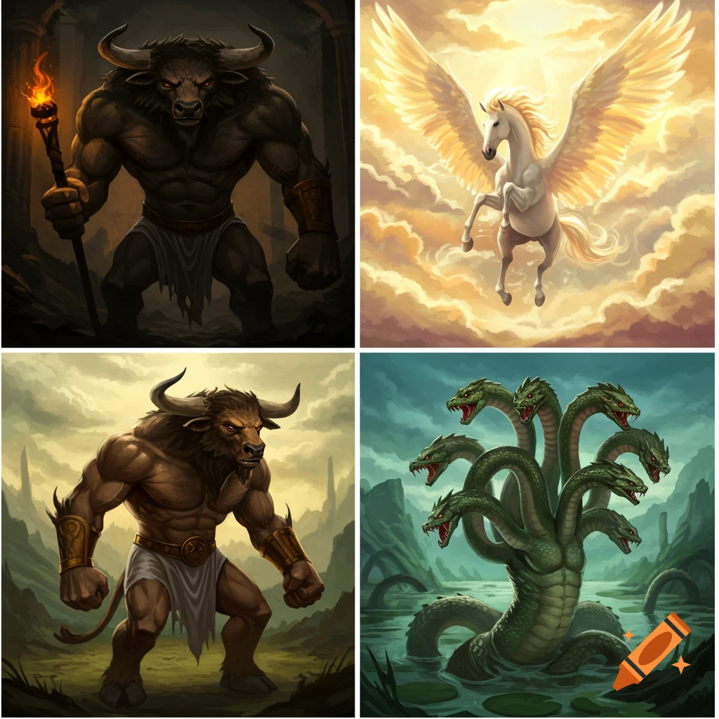 Four separate images of Greek mythology creatures: two minotaurs, a Pegasus, and a hydra.