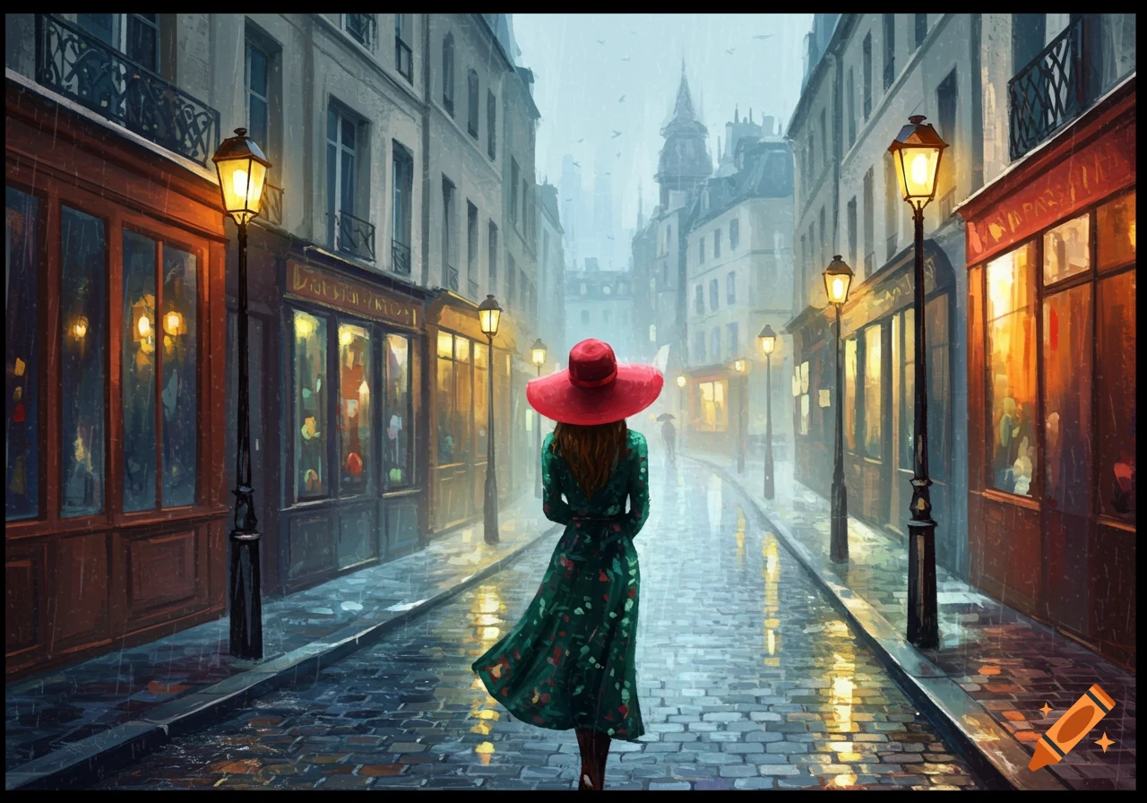 A person in a red hat and green dress walks down a wet, cobblestone street in a city during rain, past glowing shop windows.