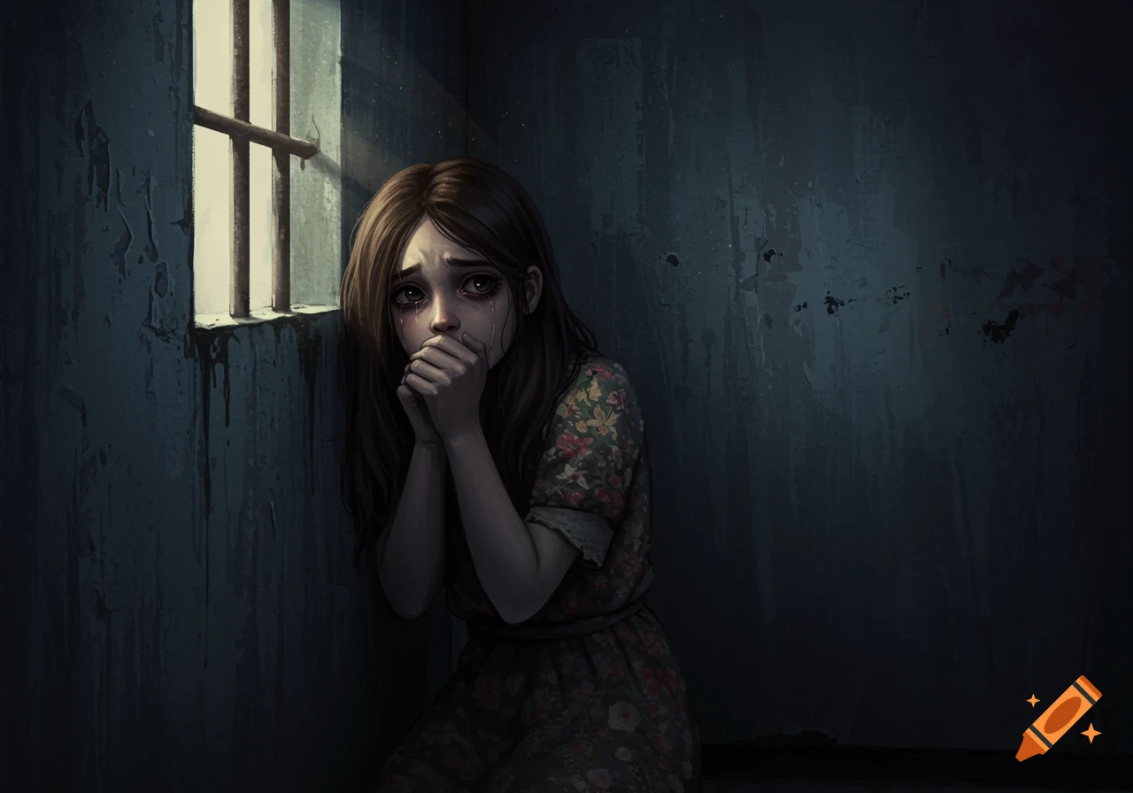 Illustration of a sad girl crying with hands over her face, sitting near a barred window in a dark room.