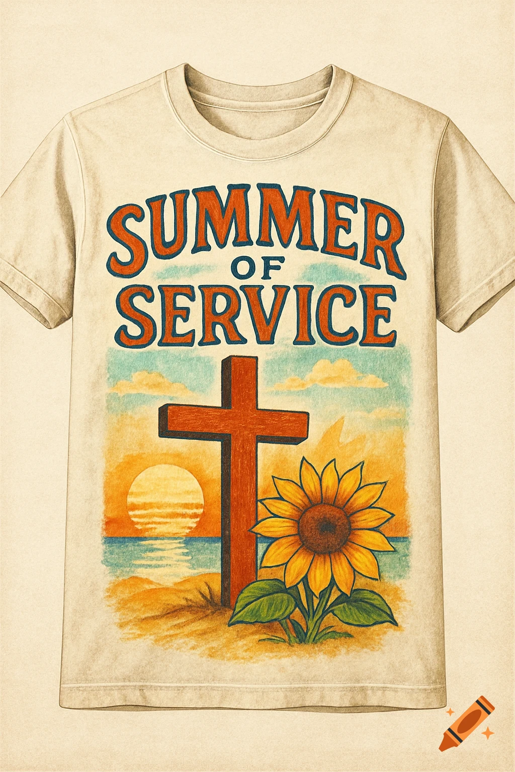 Vintage illustration t-shirt with Summer of Service text, cross, sunflower, and beach sunset.