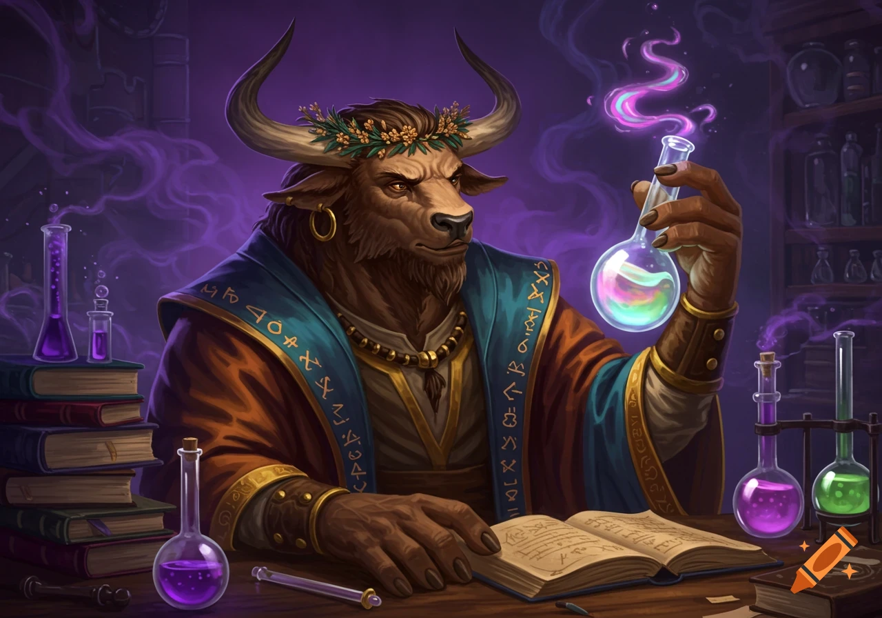 A minotaur alchemist in a laboratory holds a glowing flask and reads a book.