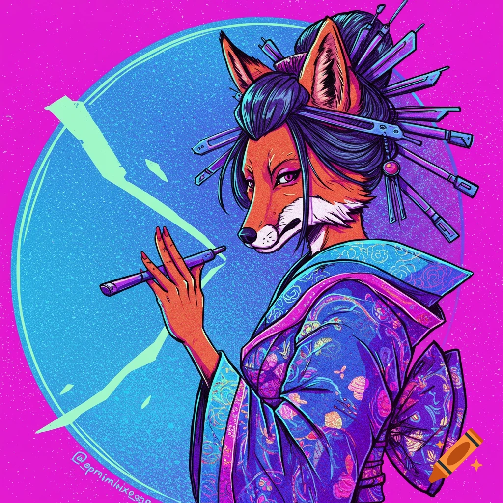 Anthropomorphic fox in a kimono holding a pen, comic book style