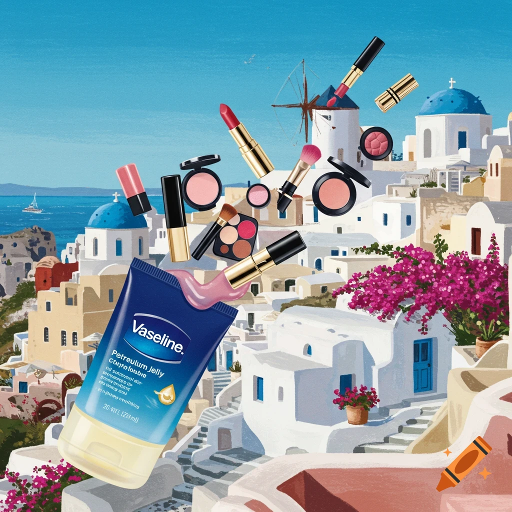 Cosmetics floating over a Greek island town illustration.