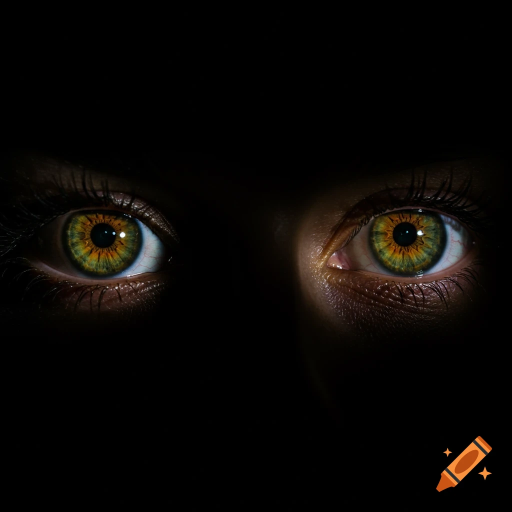 A close-up of two bright hazel eyes glowing in the dark.