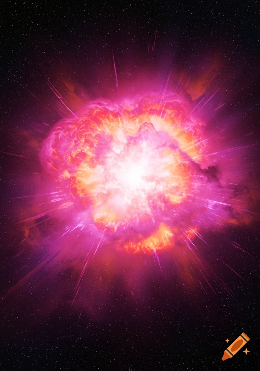 A bright pink and orange explosion bursts in the dark expanse of space ...