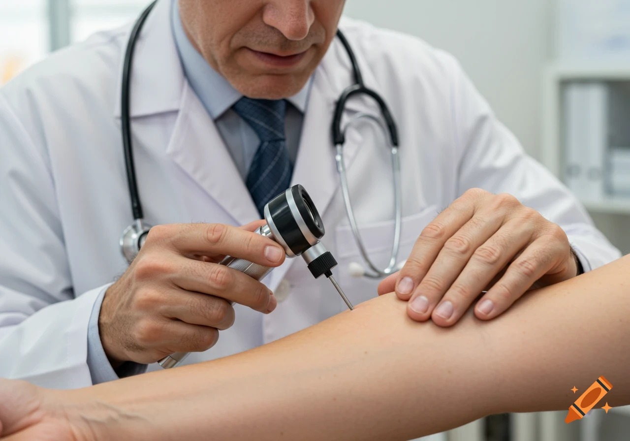 Doctor examining a patient's arm with a dermatoscope.