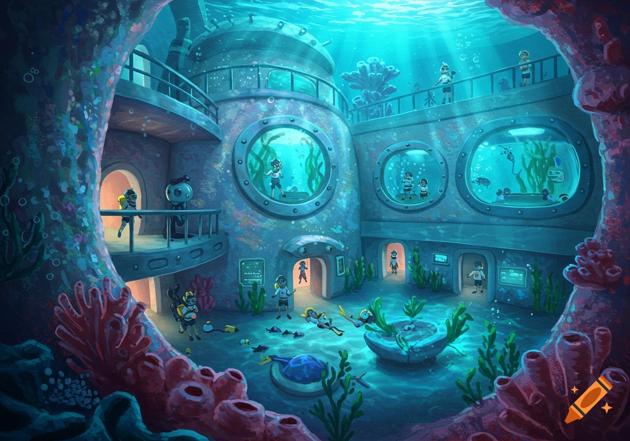 Stylized illustration of an underwater building with windows showing fish and people.
