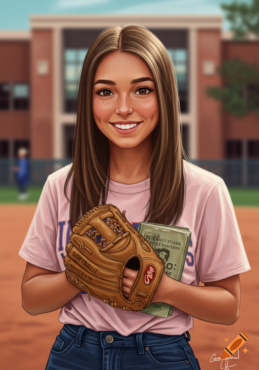 Illustration of a young woman on a softball field holding a glove and a book.