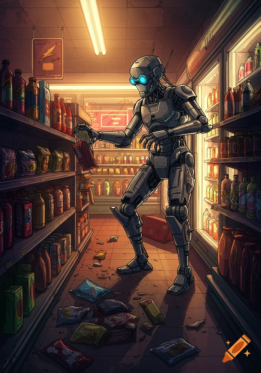 A robot picks up a bag of chips in a messy store aisle, in a cyberpunk illustration style.