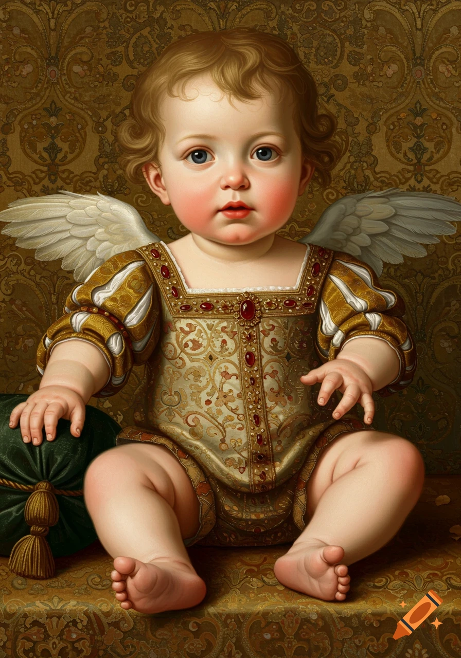 Renaissance painting of a baby cherub in ornate gold and red clothing sitting on a patterned surface.