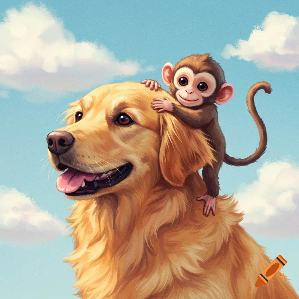 A golden retriever dog with a small monkey sitting on its head, painted style.