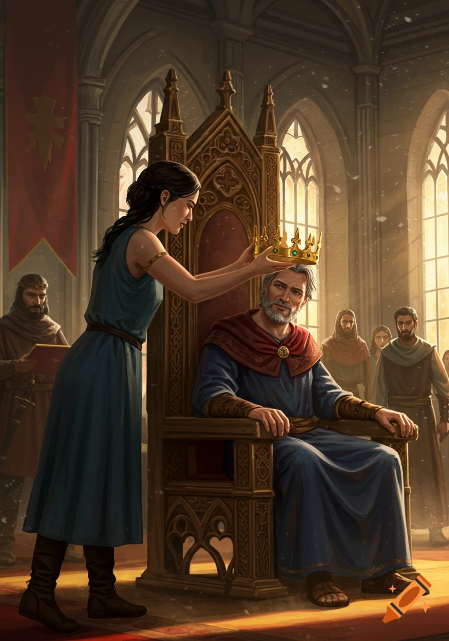 A woman places a crown on a seated king's head in a grand hall.