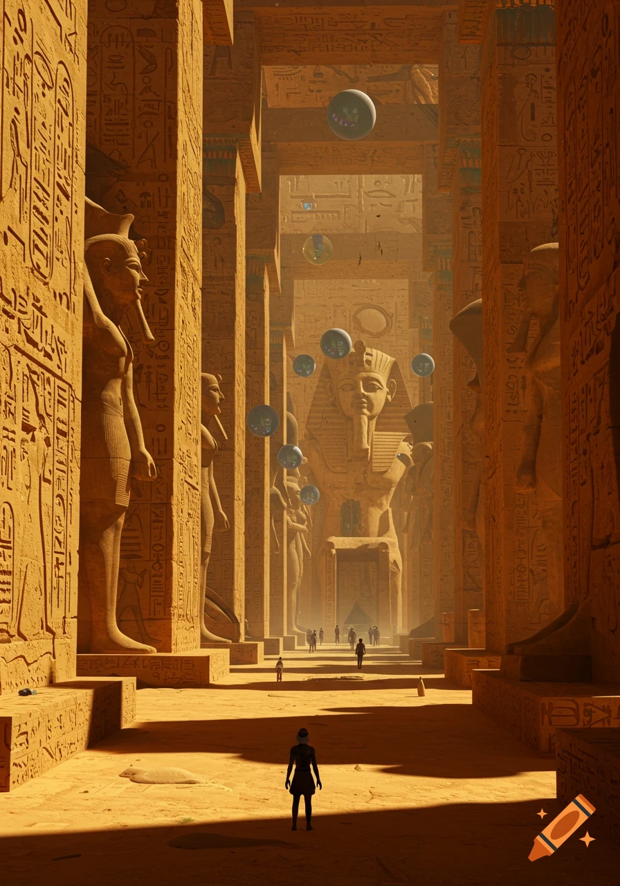 Interior view of a vast ancient Egyptian temple with colossal statues, hieroglyphic columns, small figures, and floating spheres.