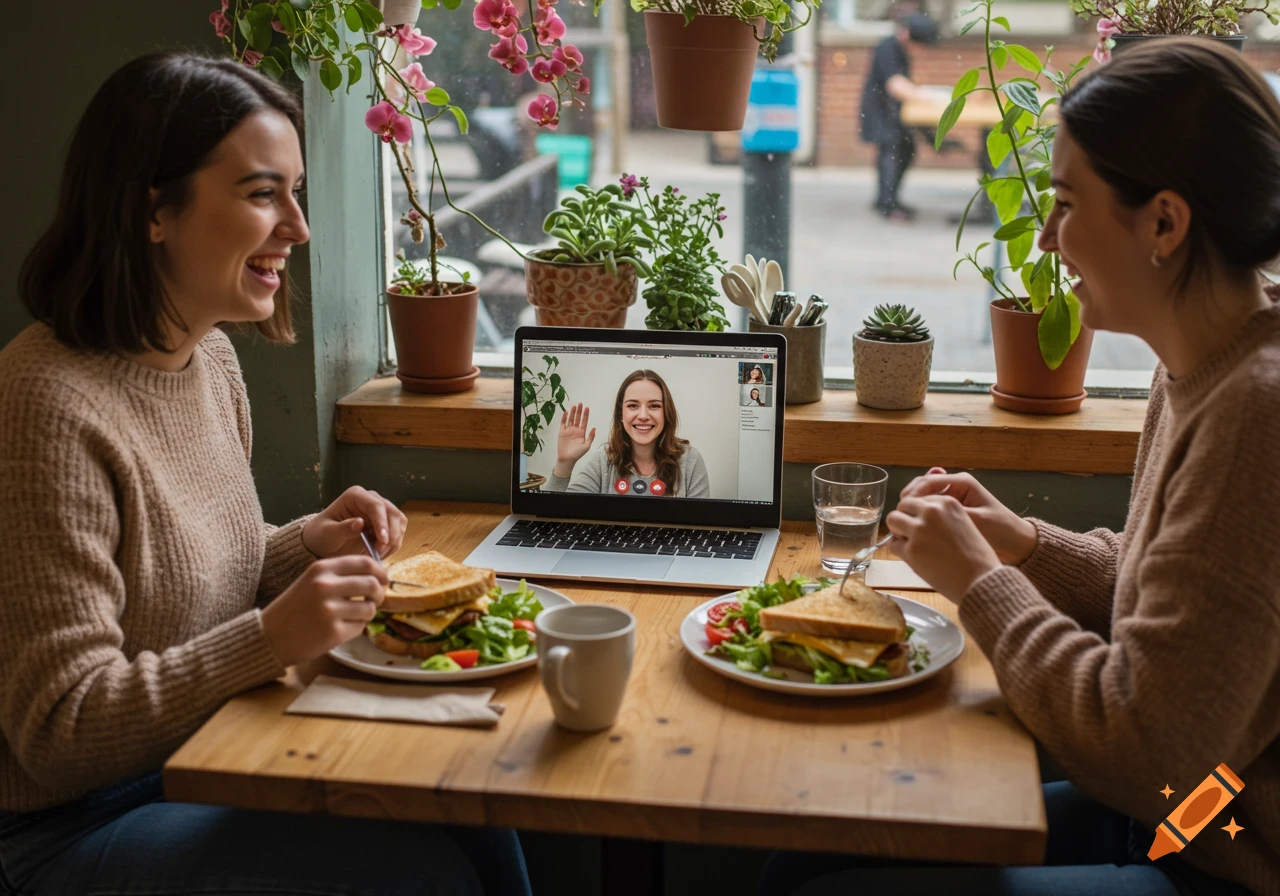 Two people eating lunch while video calling a third person on a laptop.