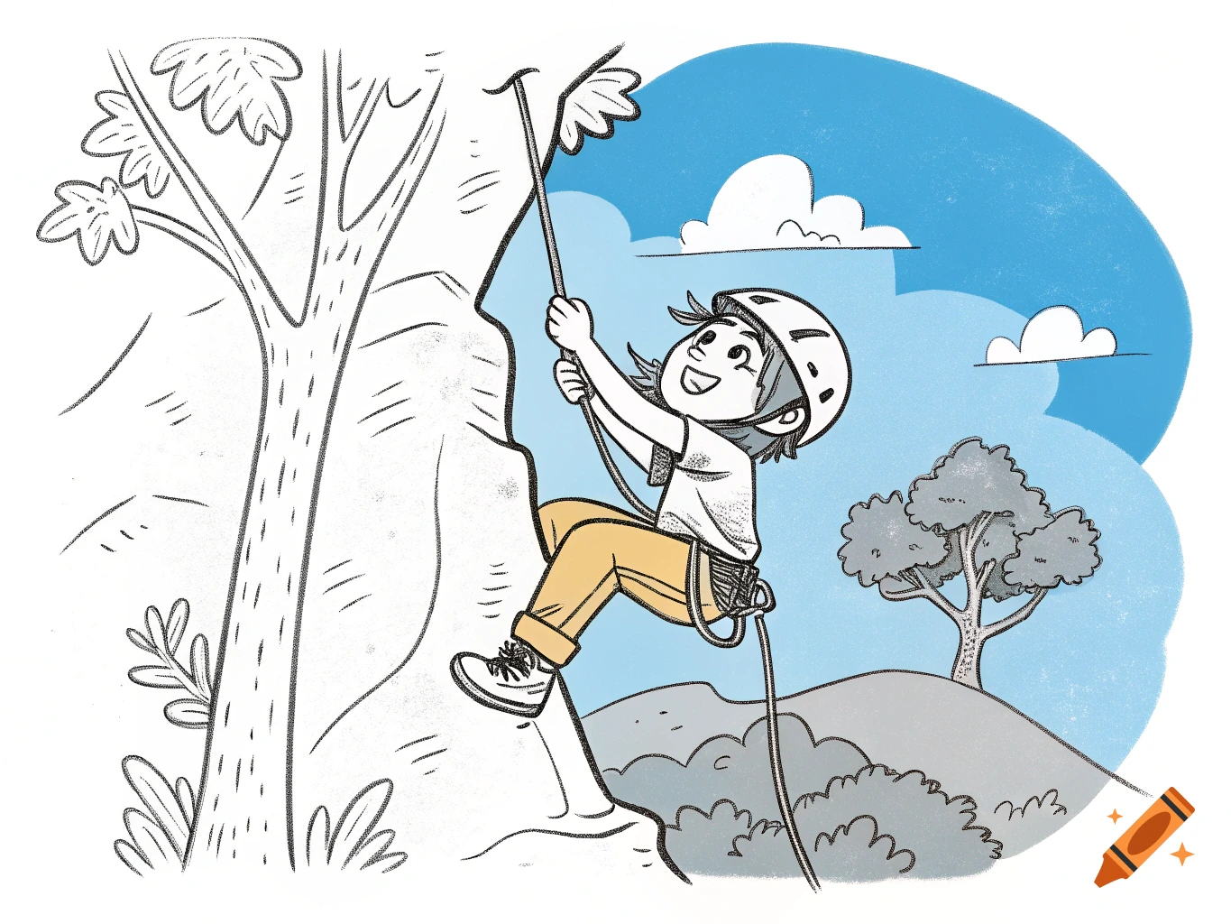 A line drawing for a coloring book shows a kid rock climbing with a rope and helmet.