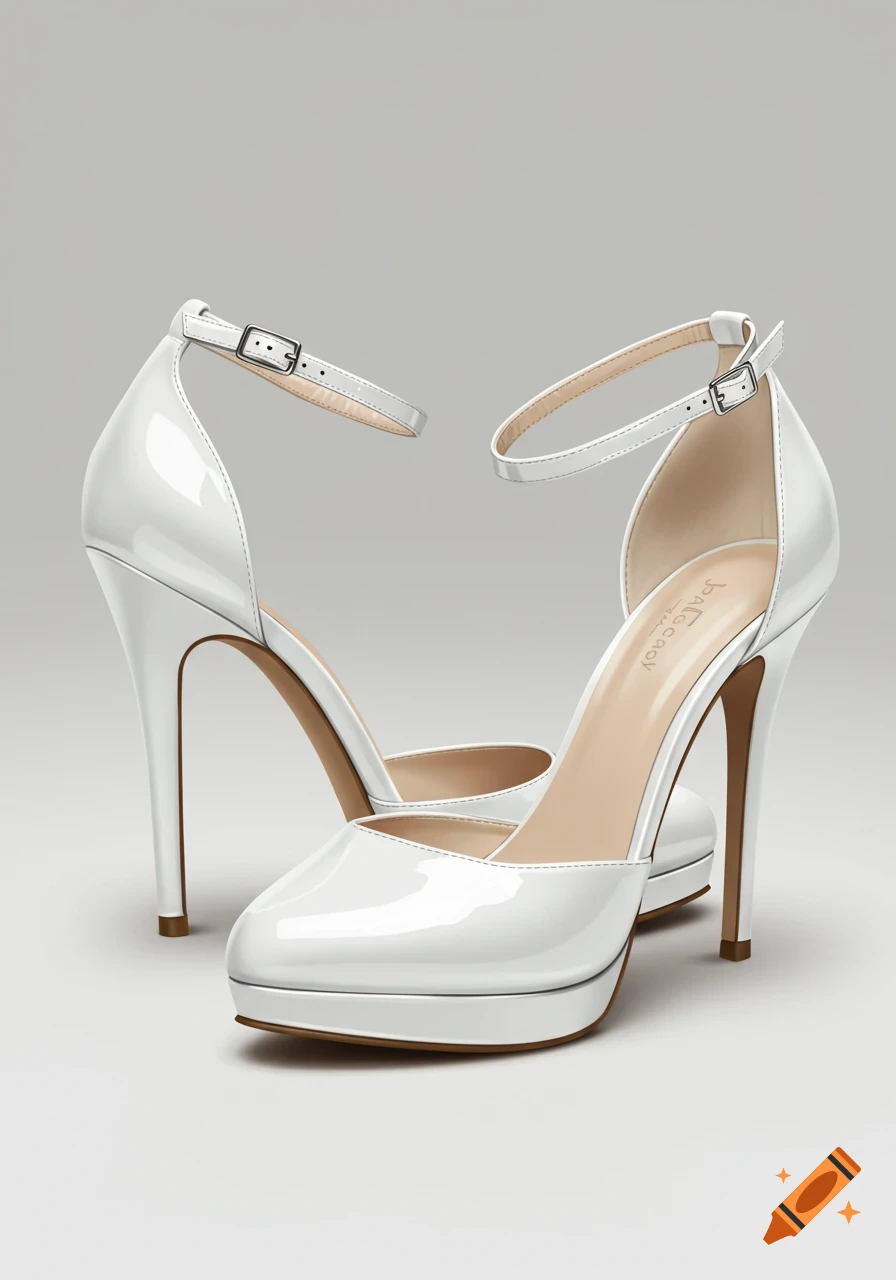 Pair of white patent leather high heels with ankle straps